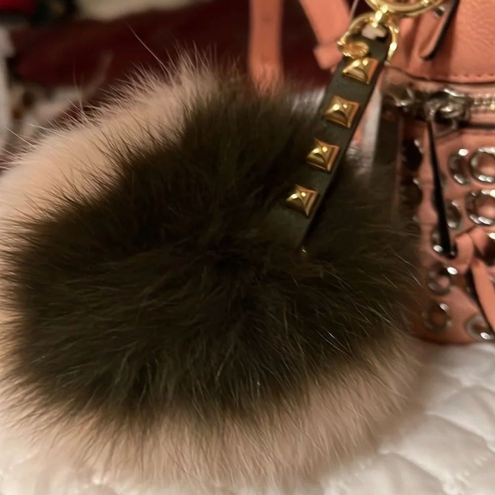 Michael Kors Rhea Medium Silver-Ringed Backpack with Fur Pompom in Coral…